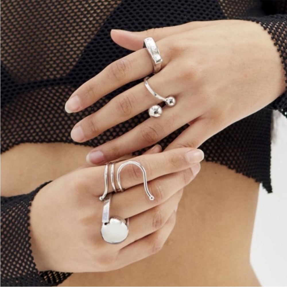 UO Silver Misty Statement Geometric Minimalist Ring Set Size 6